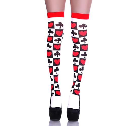 MSMXCS Damen Halterlose Strümpfe mit Pokermuster Blickdicht Elastisch Strumpfwaren Herzkönigin Frauen Oberschenkelhohe Strümpfe Kostüm für Mottopartys, Karneval & Verkleidungen (One Size, bunt) von MSMXCS