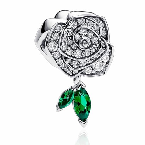 MSPOVOF Funkelnde Rose in Blüte Charm Sterling Silber 5A Zirkonia Anhänger für Armband Halsketten Schmuck Geschenk für Damen Frauen von MSPOVOF