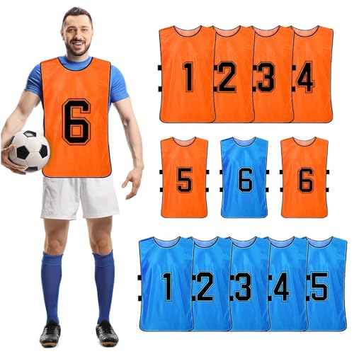 12 Stück nummerierte Fußball-Weste, Scrimmage Sport Pinnies, schnell trocknende Team-Trainingswesten, Fußball-Lätzchen, Trainingsweste für Erwachsene und Jugendliche – 2 Farben, Dunkelblau / Orange, von MSYU