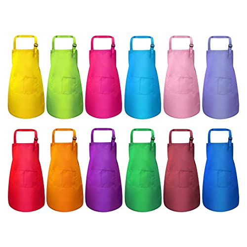 12 Stück Kinder Schürze Set, Kinder Verstellbare Kochschürze mit 2 Taschen, Kind Küchenschürzen Handwerk Schürzen für Küche Kochen Malerei Backen(4-13 Jahre) von MSYU