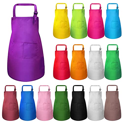 16 Stück Kinder Schürze Set, Kinder Verstellbare Kochschürze mit 2 Taschen, Kind Küchenschürzen Handwerk Schürzen für Küche Kochen Malerei Backen(4-12 Jahre) von MSYU
