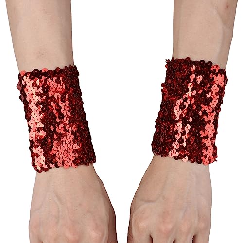 MSemis 1 Paar Damen Glänzende Pailletten Handschuhe kurz Fingerlose Armstulpen Abnehmbarer Wrist Stulpen Stretchy Manschetten Performance Cosplay Kostüm Rot Einheitsgröße von MSemis