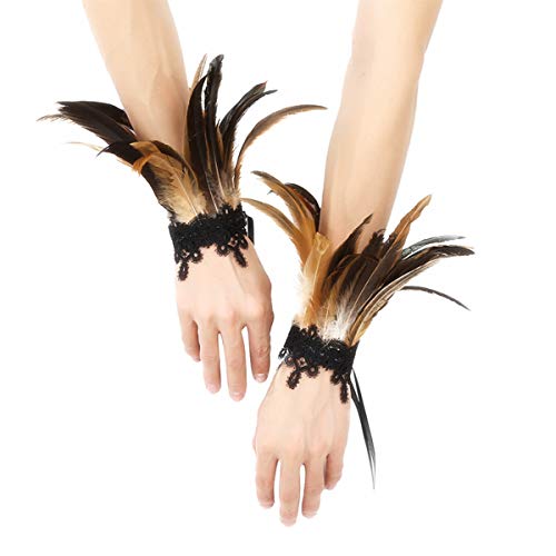 MSemis 1/2 Pcs Gothic Feder Manschetten Rabe Hexe Priesterin Kostüm gefärbte Hahnfeder Armbänder mit Druckknopfverschluss Party Halloween Cosplay A Braun One Size von MSemis