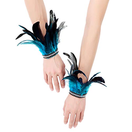 MSemis 1/2 Pcs Gothic Feder Manschetten Rabe Hexe Priesterin Kostüm gefärbte Hahnfeder Armbänder mit Druckknopfverschluss Party Halloween Cosplay B Blauer See One Size von MSemis