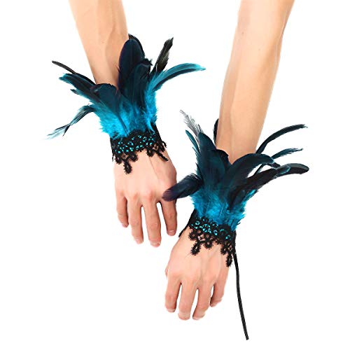 MSemis 2 Pcs Gothic Feder Manschetten Rabe Hexe Priesterin Kostüm gefärbte Hahnfeder Armbänder mit Druckknopfverschluss Party Halloween Cosplay A Blauer See One Size von MSemis