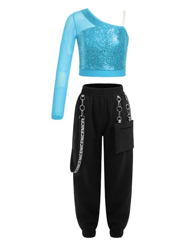 MSemis 2-teiliges Hip Hop Kleidung Set für Mädchen Langarm Pailletten Crop Top + Cargohose Sport Jazz Tanzoutfit Hellblau A 146-152 von MSemis