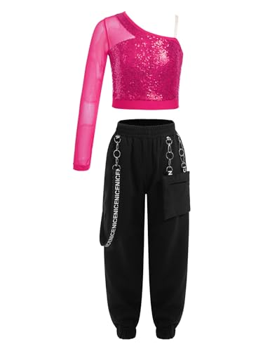 MSemis 2-teiliges Hip Hop Kleidung Set für Mädchen Langarm Pailletten Crop Top + Cargohose Sport Jazz Tanzoutfit Hot Pink A 146-152 von MSemis