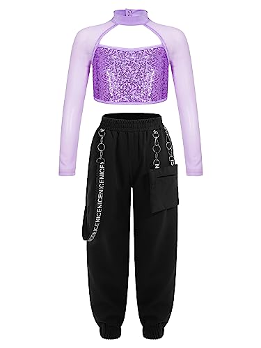 MSemis 2-teiliges Hip Hop Kleidung Set für Mädchen Langarm Pailletten Crop Top + Cargohose Sport Jazz Tanzoutfit Lavendel 146-152/11-12 Jahre von MSemis