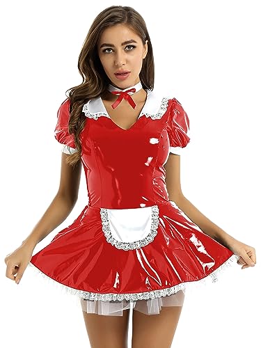 MSemis 3Pcs Damen Kostüm Dienstmädchen Lack Leder Kleid Lolita Cosplay Uniform Dessous Set Minikleid, Satin Schürze, Halsband Clubwear Gr. S-XL Rot XXL von MSemis