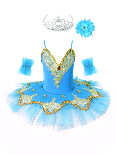 MSemis 3tlg. Mädchen Ballettkleid Schwan Ballett Kostüm Tanz Trikot mit Mesh Tutu Kleid Kinder Ballettkleidung Gr. 98-164 A Hellblau 110-116 von MSemis