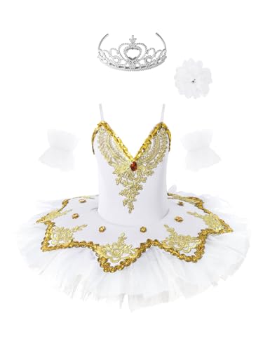 MSemis 3tlg. Mädchen Ballettkleid Schwan Ballett Kostüm Tanz Trikot mit Mesh Tutu Kleid Kinder Ballettkleidung Gr. 98-164 A Weiß 110-116 von MSemis