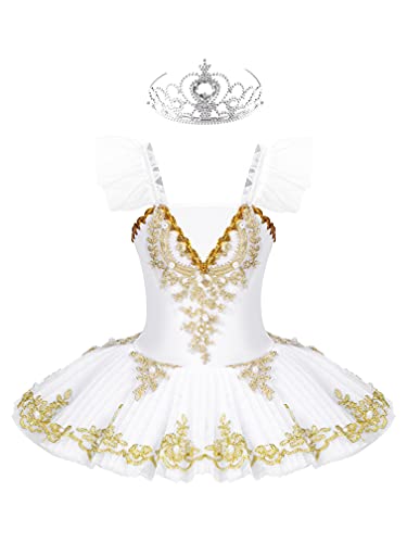 MSemis 3tlg. Mädchen Ballettkleid Schwan Ballett Kostüm Tanz Trikot mit Mesh Tutu Kleid Kinder Ballettkleidung Gr. 98-164 C Weiß A 110-116 von MSemis