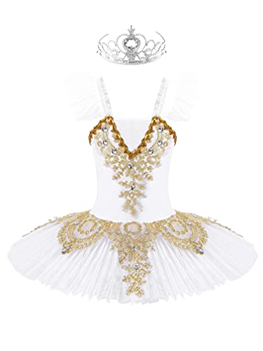 MSemis 3tlg. Mädchen Ballettkleid Schwan Ballett Kostüm Tanz Trikot mit Mesh Tutu Kleid Kinder Ballettkleidung Gr. 98-164 C Weiß B 128-140 von MSemis