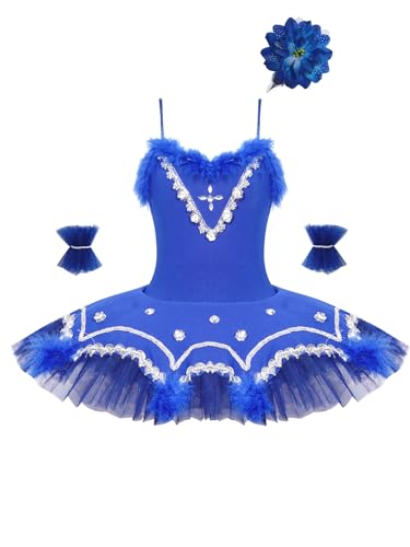 MSemis 3tlg. Mädchen Ballettkleid Schwan Ballett Kostüm Tanz Trikot mit Mesh Tutu Kleid Kinder Ballettkleidung Gr. 98-164 D Königsblau Tutu 134-140 von MSemis