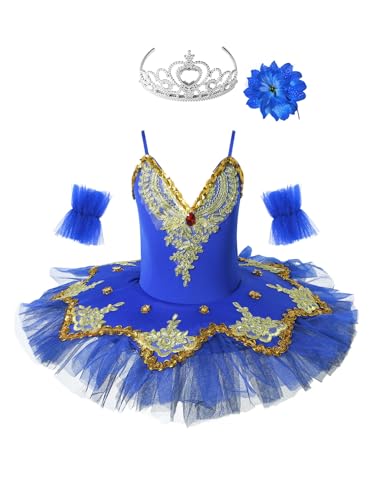 MSemis 3tlg. Mädchen Ballettkleid Schwan Ballett Kostüm Tanz Trikot mit Mesh Tutu Kleid Kinder Ballettkleidung Gr. 98-164 A Dunkelblau 134-140 von MSemis