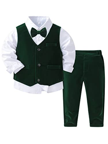 MSemis Baby Jungen Gentleman Anzüge Kleinkinder 3pcs /4pcs Kleidung Set Langarm T-Shirt +Weste + Hose Taufe Anzug Taufe Hochzeit Outfit Grün 92-98/2-3 Jahre von MSemis