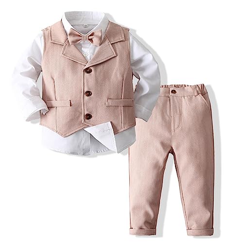 MSemis Baby Jungen Kleidung Set 3 tlg Gentleman Langarm Anzug Baby Taufkleidung Fliege + Weste + Hemd Outfit für Festlich Hochzeit Rosa E 80-86 von MSemis