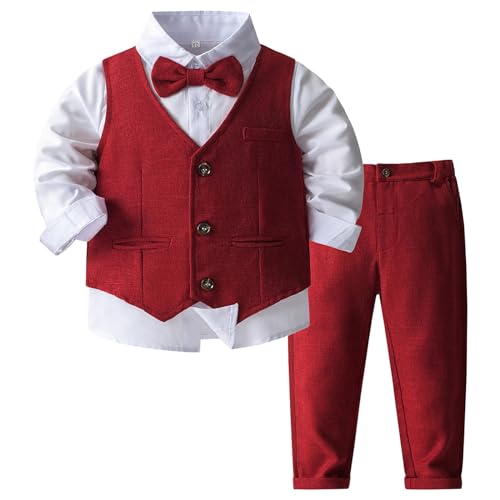 MSemis Baby Jungen Kleidung Set 3 tlg Gentleman Langarm Anzug Baby Taufkleidung Fliege + Weste + Hemd Outfit für Festlich Hochzeit Dunkelrot L 92-98 von MSemis