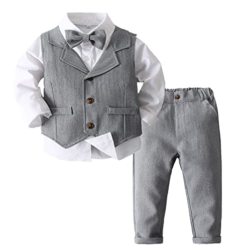 MSemis Baby Jungen Kleidung Set 3 tlg Gentleman Langarm Anzug Baby Taufkleidung Fliege + Weste + Hemd Outfit für Festlich Hochzeit Grau E 80-86 von MSemis