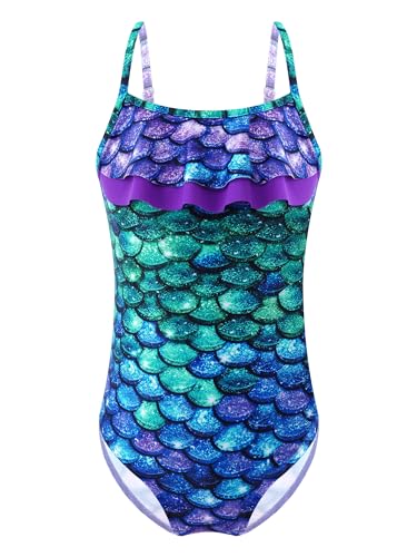 MSemis Badeanzug Kinder Mädchen Meerjungfrau/Einhörner Bademode Einteiliger Schwimmanzug Sport Badebekleidung Gr.98-176 P Purple&Green Fish Scales 110-116 von MSemis