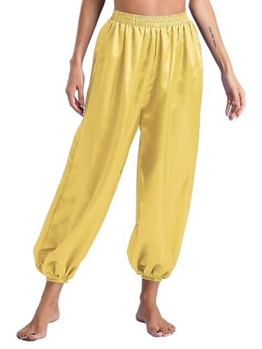 MSemis Bauchtanzhose für Damen Haremshose Langh Pumphose Lässig Locker Satin Bloomers Arabischer Tanz Performance-Hose Gelb S von MSemis