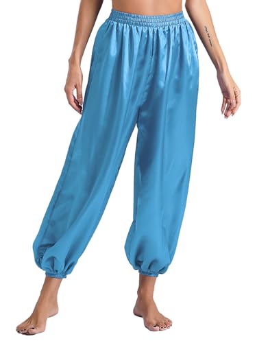 MSemis Bauchtanzhose für Damen Haremshose Langh Pumphose Lässig Locker Satin Bloomers Arabischer Tanz Performance-Hose Himmelblau M von MSemis