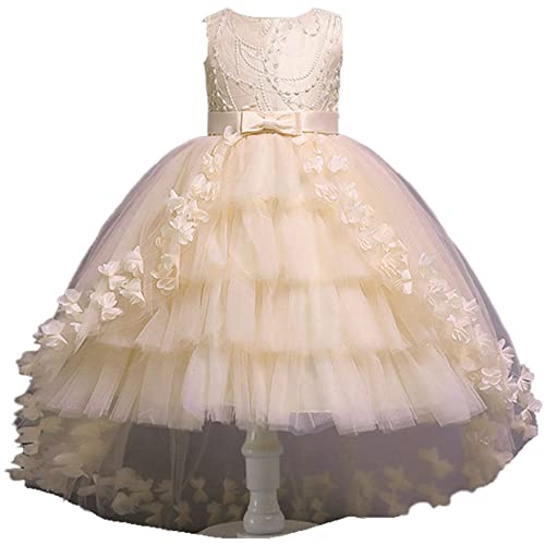 MSemis Blumensmädchenkleid Kinder Mädchen Gestufter Tüllkleid Prinzessin Kleid Hochzeit Brautjungfern Festliche Geburtstag Party Abendkleid Ballkleid Champagne 92-98 von MSemis