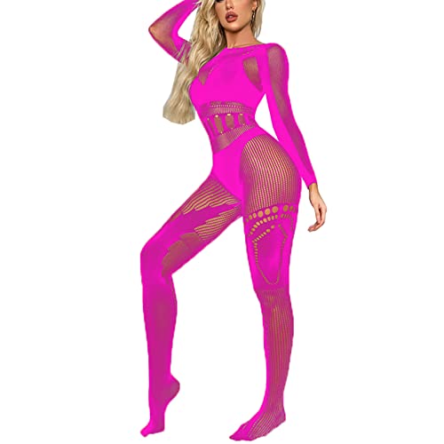 MSemis Bodystocking Damen Nylon Dessous Ouvert Body Ganzkörper Strumpfhose Fischnetz Bodysuits Catsuit Overall Jumpsuit Clubwear Hot Pink F Einheitsgröße von MSemis