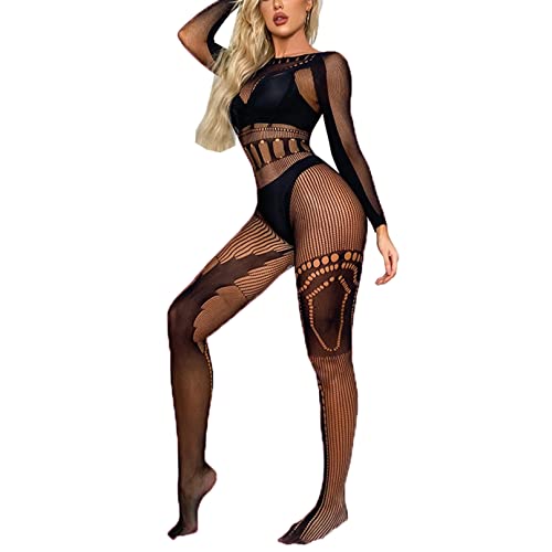 MSemis Bodystocking Damen Nylon Dessous Ouvert Body Ganzkörper Strumpfhose Fischnetz Bodysuits Catsuit Overall Jumpsuit Clubwear Schwarz F Einheitsgröße von MSemis