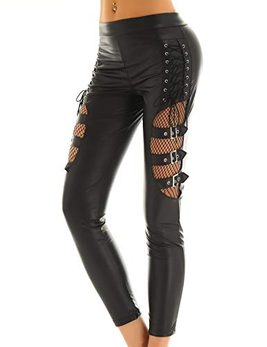 MSemis Cool Damen Wetlook Leggings Gothic Punk Strumpfhose Stretch Korsett Hose Schnürung Kunstleder-Hose Glanz High-Waist Pants Schwarz XL von MSemis