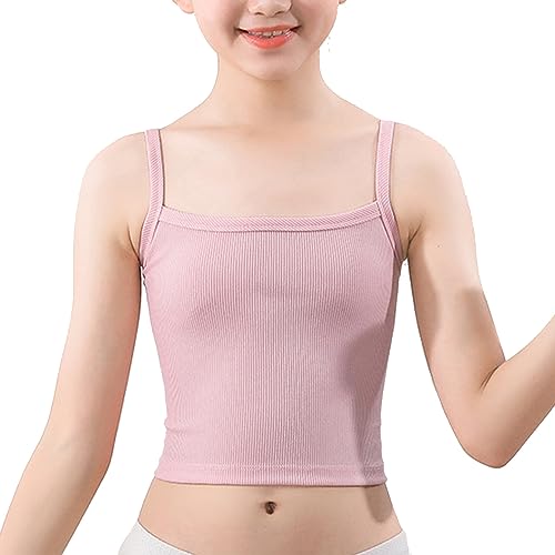 MSemis Crop Top Mädchen Tanz Ärmelloses Crop Tank Spaghetti Straps Einfarbig Unterhemd Kurz Sport Unterhemd Yoga Fitness Shirts Laufen Tanz Outfits Rosa 152-164 von MSemis
