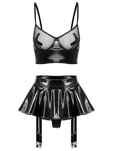 MSemis Damen 2 Stück Wetlook Lackleder Dessous Set Ärmellos Push Up Bügel BH mit Rüschen Minirock mit Strumpfband Clunwear Schwarz 4XL von MSemis