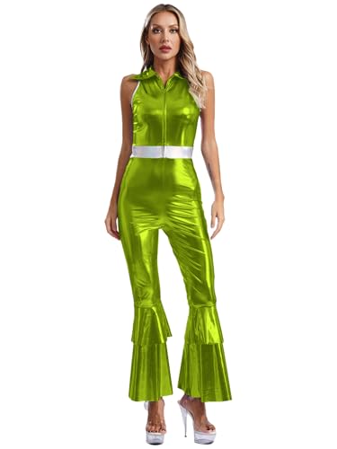 MSemis Damen 70er Jahre Jumpsuit Metallic Ärmellos Disco Overall mit Ausgestellter Hose Tanz Anzug Party Outfit Grün S von MSemis