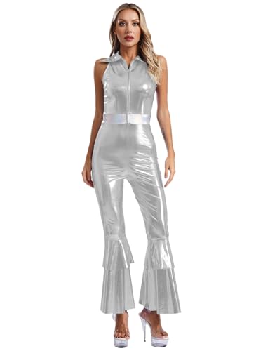 MSemis Damen 70er Jahre Jumpsuit Metallic Ärmellos Disco Overall mit Ausgestellter Hose Tanz Anzug Party Outfit Silber M von MSemis