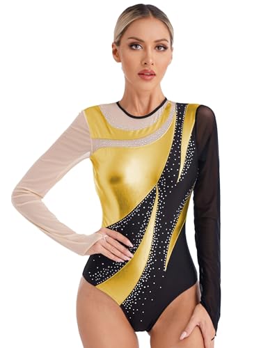 MSemis Damen Ballettbody Langarm Glänzend Strass Tanzbody Gymnastik Trikot Turn-Leotard Turnanzug Akrobatik Anzug Eiskunstlauf Tanzkleidung Gold L von MSemis