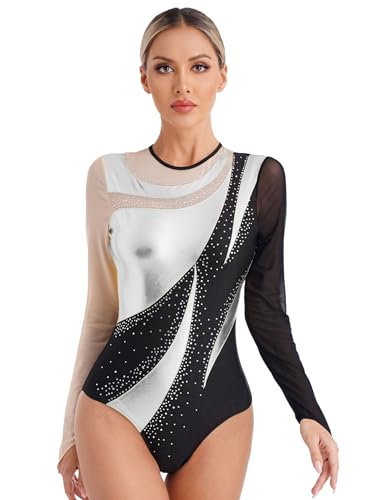 MSemis Damen Ballettbody Langarm Glänzend Strass Tanzbody Gymnastik Trikot Turn-Leotard Turnanzug Akrobatik Anzug Eiskunstlauf Tanzkleidung Silber S von MSemis