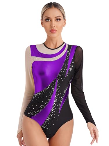 MSemis Damen Ballettbody Langarm Glänzend Strass Tanzbody Gymnastik Trikot Turn-Leotard Turnanzug Akrobatik Anzug Eiskunstlauf Tanzkleidung Violett L von MSemis