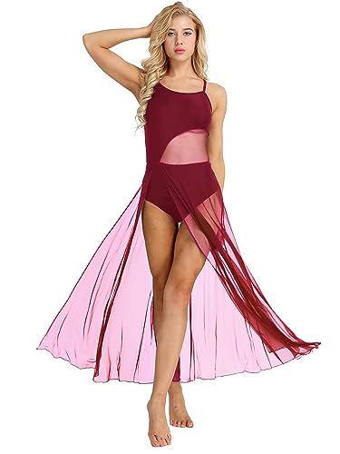 MSemis Damen Ballettkleid Latein Tanzkleid mit Asymmetrisch Rock Tanz Body Ballett Trikot Modern Lyrisch Tanz-Kostüm Leotards Tüllkleid A Burgundy L von MSemis