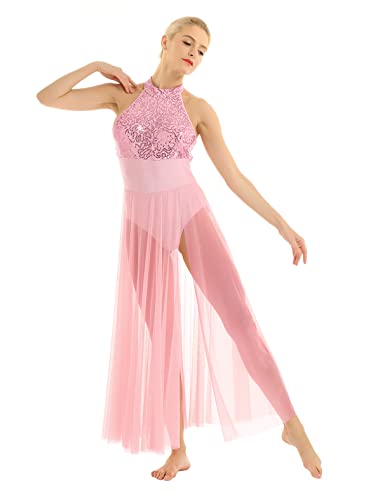 MSemis Damen Ballettkleid Latein Tanzkleid mit Asymmetrisch Rock Tanz Body Ballett Trikot Modern Lyrisch Tanz-Kostüm Leotards Tüllkleid B Rosa S von MSemis