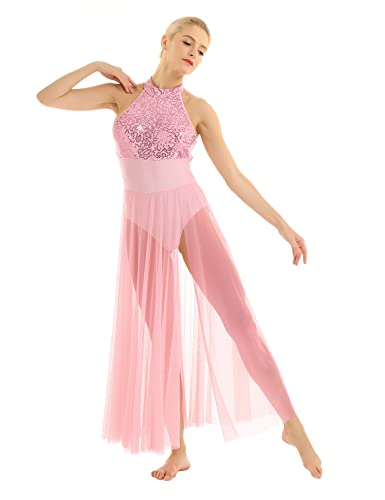MSemis Damen Ballettkleid Latein Tanzkleid mit Asymmetrisch Rock Tanz Body Ballett Trikot Modern Lyrisch Tanz-Kostüm Leotards Tüllkleid B Rosa XS von MSemis