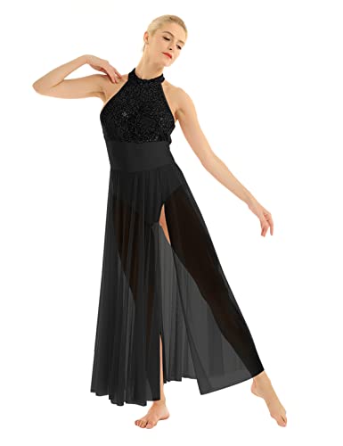 MSemis Damen Ballettkleid Latein Tanzkleid mit Asymmetrisch Rock Tanz Body Ballett Trikot Modern Lyrisch Tanz-Kostüm Leotards Tüllkleid B Schwarz S von MSemis