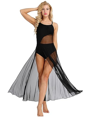 MSemis Damen Ballettkleid Latein Tanzkleid mit Asymmetrisch Rock Tanz Body Ballett Trikot Modern Lyrisch Tanz-Kostüm Leotards Tüllkleid A Schwarz M von MSemis