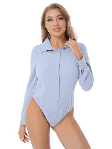 MSemis Damen Blusenbody Einteiliger Hemdbody Umlegekragen Bodybluse Kurzarm/Langgarm Body Bodysuit mit Taste Frauen Business Freizeithemd Hellblau A M von MSemis