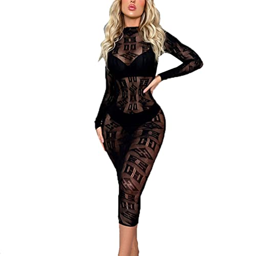 MSemis Damen Bodycon Netzkleid Sexy Transparent Hollow Out Fischnetz Kleid Stretch Nachthemd Exclusives Sexy Reizwäsche Clubwear Schwarz Einheitsgröße von MSemis