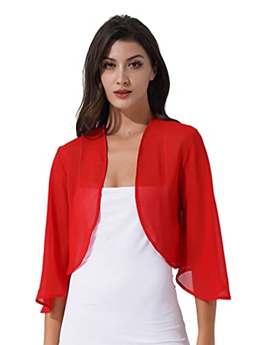 MSemis Damen Bolero Chiffon Kurzarm Front öffnen Festlich Transparent Kurz Cardigan Strickjacke Für Hochzeit Cocktailkleid Rot A XL von MSemis