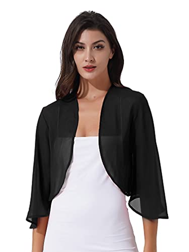 MSemis Damen Bolero Chiffon Kurzarm Front öffnen Festlich Transparent Kurz Cardigan Strickjacke Für Hochzeit Cocktailkleid Schwarz A L von MSemis