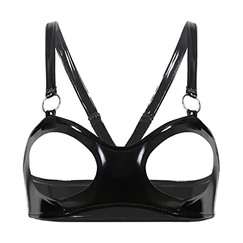 MSemis Damen Brustfrei BH Latex Leder Bra Ohne Bügel Bralette Ouvert-Dessous Nippelfreie Oberteiler Wetlook Gogo Party Top Clubwear Schwarz S von MSemis