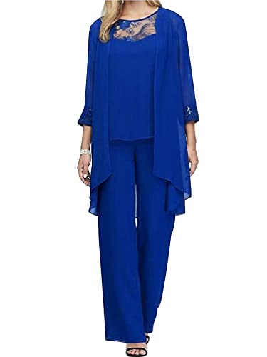 MSemis Damen Chiffon Hosenanzug 3 Teiliges Set 3/4 Ärmel Shirt +Tanktop Und Hohe Hosenanzug Dreiteilig Hosenanzug Cocktail Party Vintage Lange Hose Abendanzug Outfit Blau L von MSemis