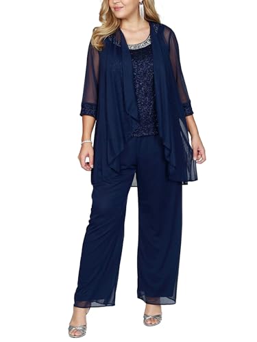 MSemis Damen Chiffon Hosenanzug 3 Teiliges Set 3/4 Ärmel Shirt +Tanktop Und Hohe Hosenanzug Dreiteilig Hosenanzug Cocktail Party Vintage Lange Hose Abendanzug Outfit Navy blau B 2XL von MSemis