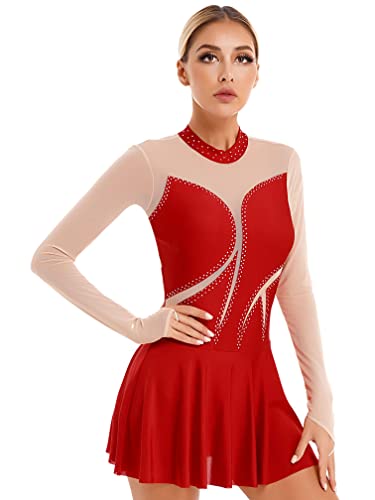 MSemis Damen Eiskunstlauf Kleid Langarm Rollschuhkleid Tanzkleid Frauen Ballett Trikotanzug Tanz Leotard mit Chiffonrock Tanzbeklediung S-XL Rot A XL von MSemis